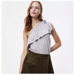 Loft Gray One Shoulder Tie Ruffle Blouse Large NWT